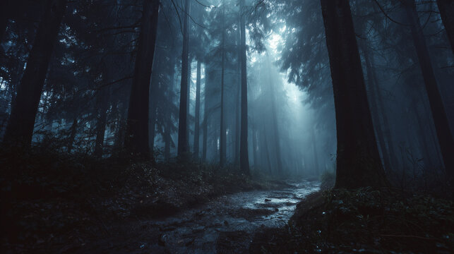 Cinematic moody landscape shot of an extremely dense misty forest