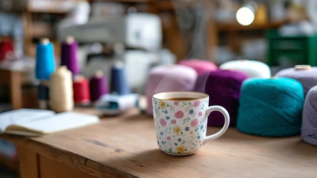 Wooden table in a textile studio cluttered with a tufting gun colorful yarn skeins a sketchbook with floral doodles and a steaming mug textile workshop setup creative
