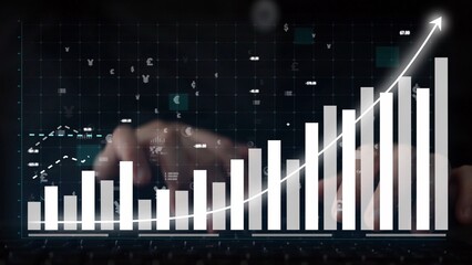 Close-up of hands on a keyboard with a graph and financial data overlay, symbolizing business growth, investment success, and digital analysis in a modern workspace. Copula