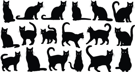 Black cat silhouettes, feline poses, white eyes, sitting, walking, standing, spooky animal vector, Halloween theme, pet design, isolated background