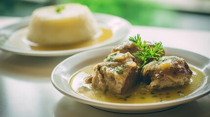  Pudding and souse isolated on separate white plates, classic Caribbean pork in vinegar with flour pudding