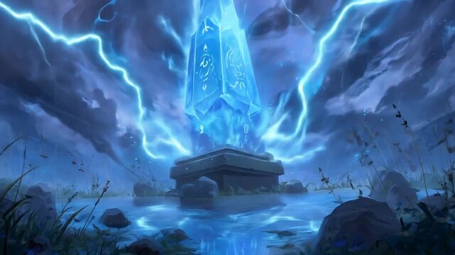 Mystical glowing blue crystal monolith radiating powerful energy and lightning in a dark fantasy landscape.