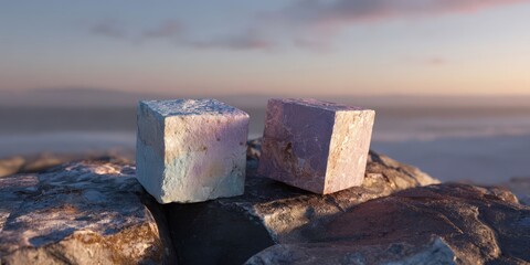 Pastel Cubes on Rocks at Sunrise with Vibrant Sky