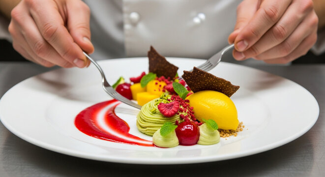 Closeup of a chef using a spoon and fork to arrange a colorful and delicious dessert on a white plate in a professional kitchen setting