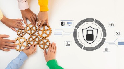 Obraz premium Diverse hands work together with gears alongside digital security symbols, illustrating the importance of collaboration in technology and data protection in today workplace. Raster
