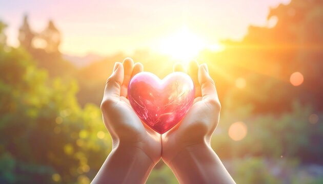 Two hands holding a shiny pink heart with a bright sunlight background - Powered by Adobe