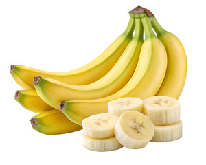 Bunch of ripe yellow bananas with sliced banana rounds on black fruit food