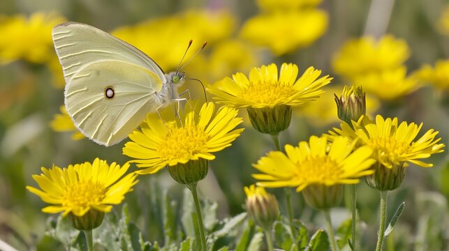 Close up of a brimstone butterfly resting on yellow daisies in a field