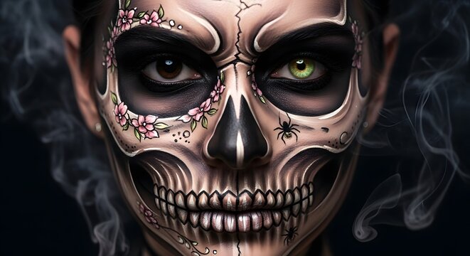 Intricate day of the dead skull face paint with floral patterns and smokey background