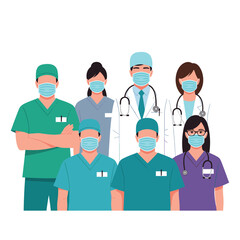 A diverse group of medical professionals wearing protective face masks.
