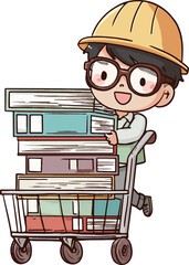 a cute cartoon vector illustration of an asian child wearing glasses and a hard hat, pushing a handcart full of books on a white background