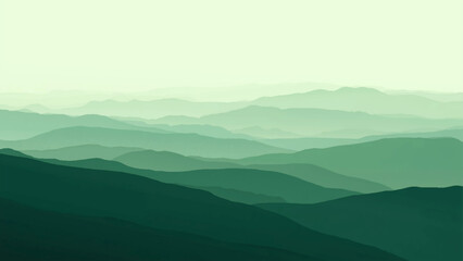 Minimalist landscape with layered green mountain silhouettes fading into a misty horizon. Smooth gradient tones create depth and calm atmosphere, perfect for nature, travel, or eco design themes.