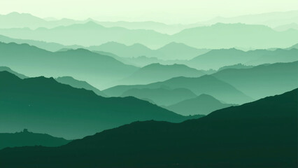 Minimalist landscape with layered green mountain silhouettes fading into a misty horizon. Smooth gradient tones create depth and calm atmosphere, perfect for nature, travel, or eco design themes.