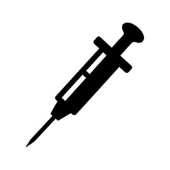 Black syringe medical instrument with needle used for injections on white