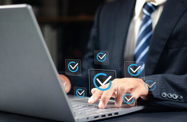 Answer the test questions, Online survey exam Choosing the right answer in the exam, Businessman take an assessment, Check list, Questionnaire, Filling out an online survey form,Audit business concept