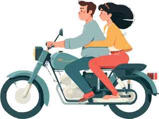a man and woman riding on the same motorcycle, flat design illustration with a white background, vector graphic style, simple
