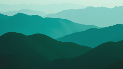 Minimalist landscape with layered green mountain silhouettes fading into a misty horizon. Smooth gradient tones create depth and calm atmosphere, perfect for nature, travel, or eco design themes.