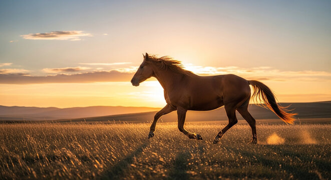 A majestic chestnut horse gallops freely across a golden field at sunset, its mane flowing in the wind, embodying freedom and the beauty of nature