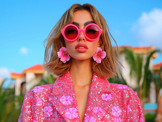A fashionable woman in bold pink sunglasses and floral earrings poses in a sequined pink jacket. Tropical resort editorial with vibrant and playful Y2K flair.