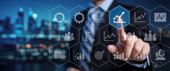 Data Analysis & Technology: A business person, using technology and innovation to analyze data and make business decisions in front of modern city