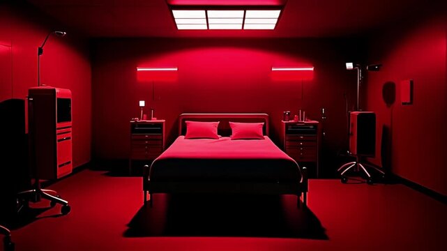 Nighttime cinematic shot inside a dark hospital room, dim red emergency lights glowing faintly, bed casting long shadows across the sterile floor.