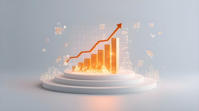 Futuristic 3D Data Visualization: Glowing Holographic Bar Chart with Floating Numbers on Clean Light Grey Background

