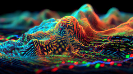 Colorful data mountains built from point grids illustrating a 3D analytics landscape for insight discovery forecasting and complex pattern recognition.
