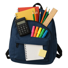 Blue Backpack Filled with Colorful Stationery and Study Supplies on Transparent Background