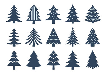 Collection of hand-drawn style christmas trees for festive holiday designs and decorations isolated on white background