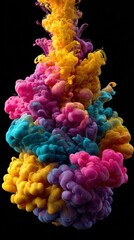 Obraz premium Colorful ink drops suspended in water create an abstract explosion against a dark background showcasing vibrant hues and fluid motion perfectly.