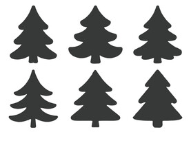 Six decorative christmas tree silhouettes for festive holiday design projects isolated on white background