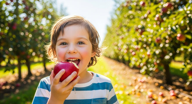 Happy boy with missing teeth eats a red apple in an orchard, enjoying the sweetness of nature and the joy of a sunny day - Powered by Adobe