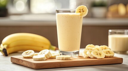 Banana smoothie in a glass with sliced bananas on a wooden cutting board.