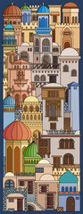 Colorful paper cut style vector illustration of an oriental city with domes, towers, and minarets. Perfect for Arabian, Islamic, and fairytale themed designs