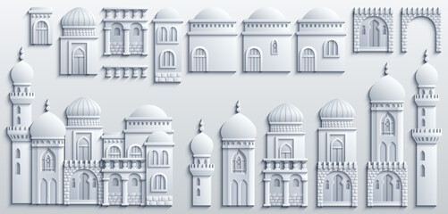 Set of stylized ancient Middle Eastern buildings in paper cut style. Perfect for games, travel guides, architecture projects, or historical infographics. Hand drawn vector illustration