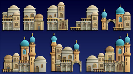 Set of stylized ancient Middle Eastern buildings in paper cut style. Perfect for games, travel guides, architecture projects, or historical infographics. Hand drawn vector illustration
