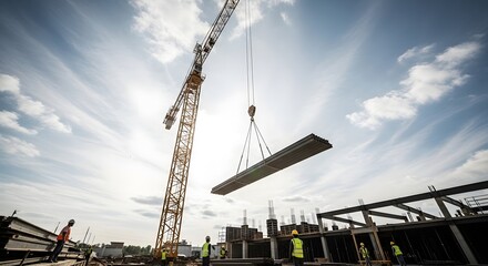 Construction site with crane lifting steel beams against cloudy sky