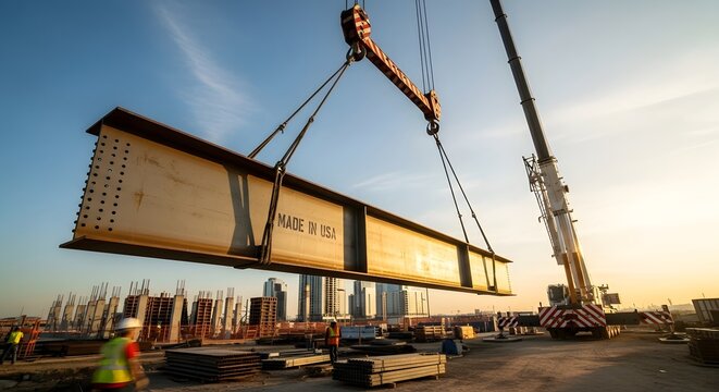 Construction site at sunset featuring crane lifting steel beam marked made in usa in urban development scene