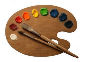 Artist palette holding oil paints and brushes, representing creativity, art, and painting hobby