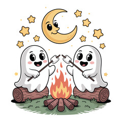 Cute Ghosts Camping at Night Vector, Adorable Spooky Characters Roasting Marshmallows Over a Campfire Illustration.