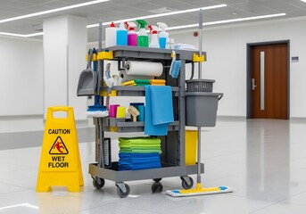 Professional cleaning cart with supplies and caution wet floor sign in modern office environment