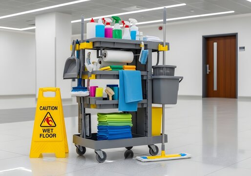 Professional cleaning cart with supplies and caution wet floor sign in modern office environment - Powered by Adobe