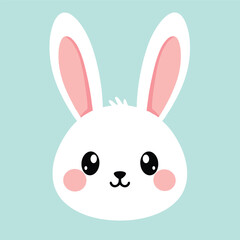 Cute cartoon rabbit head, bunny face vector, pink cheeks, teal background, children’s character design, animal avatar, minimal illustration art