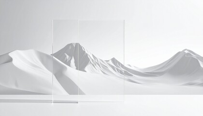 Minimalist snowy mountain landscape with translucent geometric panels and serene monochrome tones.