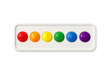 Paint palette showing rainbow colors on white tray, creative art supplies, transparent background