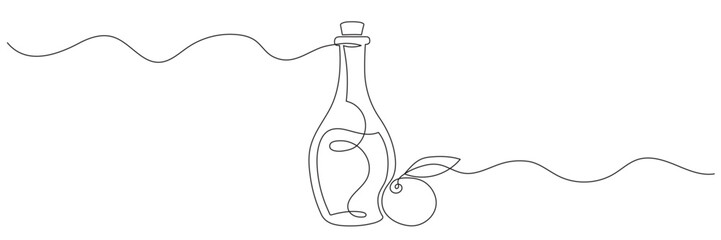Continuous one-line drawing of olive oil in a glass bottle, vector illustration. Olive oil in continuous line drawing style. Editable line