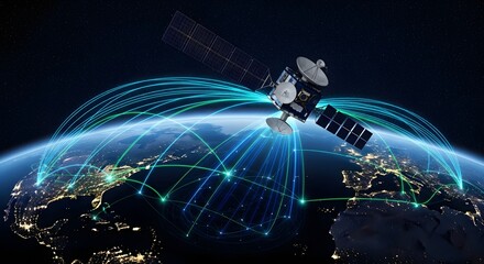 Global satellite communication network over earth at night - connectivity in outer space