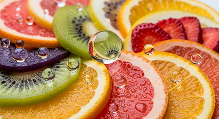 A vibrant symphony of sliced fruits, including kiwi, orange, grapefruit, and strawberry, adorned with glistening water droplets, creating a refreshing and colorful display