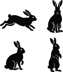 Rabbit silhouette poses, leaping, sitting, standing bunny vector, animal behavior illustration, black shape art, nature character design, wildlife motion