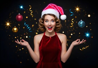 Excited Retro Woman in Santa Hat Celebrating Christmas Party with Festive Ornaments | Holiday Magic

